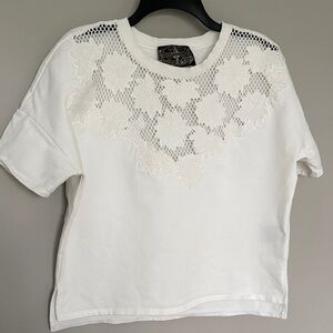 White Short Sleeve Top with Lace Yoke